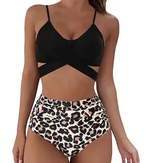 High Waisted Printing Front Criss Cross Cutout Bandage Bathing Suit with Bottom thumbnail 1