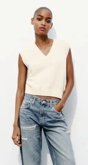 Zara Cream Cotton Blend‎ Knit Sweater Vest thumbnail 1