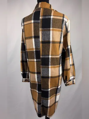 SheIn Plaid Long Coat/Jacket Shirt Camel Black White Plaid thumbnail 5