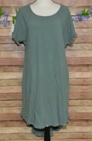 Umgee Women's M Green Linen Cotton Lagoon Tunic Top Mini Dress w/Fringe Trim thumbnail 1