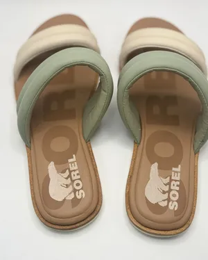 Sorel Roaming Puffy Slide Sandals Sage Green Cream Leather Flat Slip‎ On Women thumbnail 1