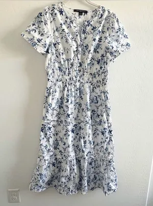 French Connection Floral Print Midi Dress Blue White Cottagecore Casual thumbnail 1