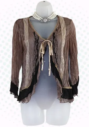 Vintage Young Essence 100% Silk Brown & Black Sequin Tie Front Cardigan Size S thumbnail 1