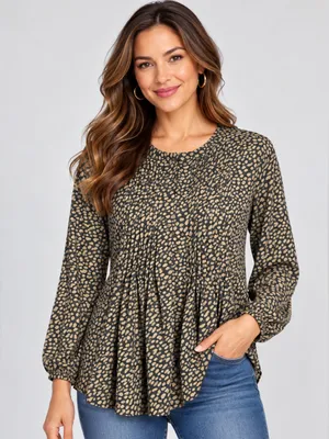 Ann Taylor Green & Black Printed Long Sleeve Blouse Size S Pleated Front thumbnail 1