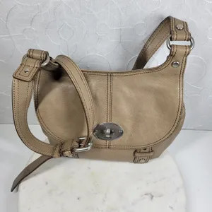 Fossil Maddox Leather Saddle Bag Taupe Tan Shoulder Turn Lock Flap Crossbody Y2K thumbnail 2