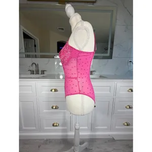 Pink Lace Teddy Bodysuit Womens Large Heart Print Sheer Mesh Underwire Lingerie thumbnail 5