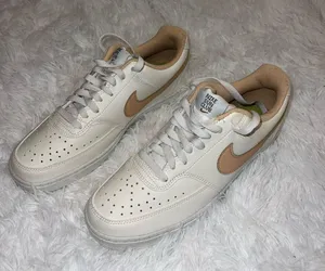 Nike Court Vision Low Basic White and Neutral Sneakers Tan Swoosh thumbnail 2