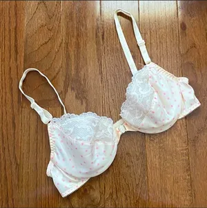 Vintage 90s Victoria’s secret satin coquette cream pink polka dot lace trimmed bra thumbnail 1