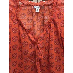 Old Navy Blouse Size‎ XS Orange/Purple Floral Tie/Smocked Neck 1/2 Puff Sl Sheer thumbnail 3