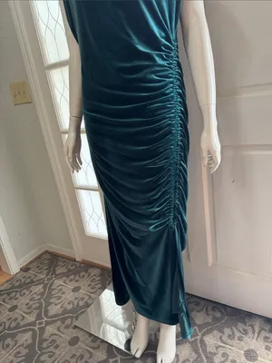 ANTHROPOLOGIE The Maya Stretch Velvet Cowl-Neck Em Teal Velvet Ruched Dress S XL thumbnail 9