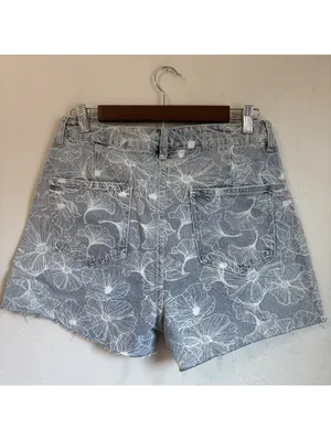 Cider Happy Hour Lotus Print Denim Mini Shorts High Rise Raw Hem Blue Size XL thumbnail 5