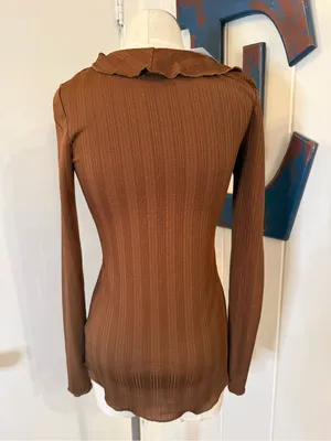 Urban Outfitters Brown Ribbed Ruffle-Trim Button Down Top Sz S NWT thumbnail 3