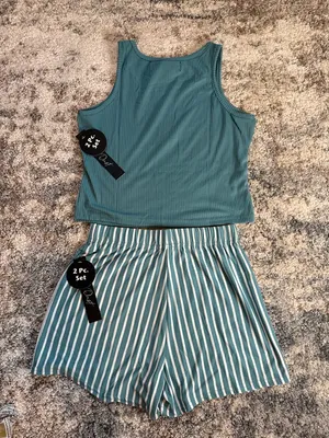 Diva Teal Ribbed Tank & Striped Shorts Set Green thumbnail 8