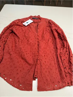 NEW Long Sleeve Button V Neck Hollow Out Lace Embroidered Shirt S thumbnail 5