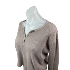 Brandy Melville Beige Taupe Waffle Knit Long Sleeve Henley Thermal Crop Top S/M thumbnail 2