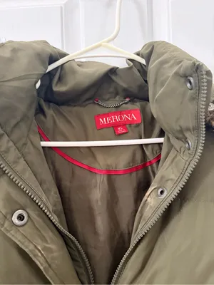 Merona Olive Green Puffer Coat with Faux Fur Trim Hood thumbnail 4
