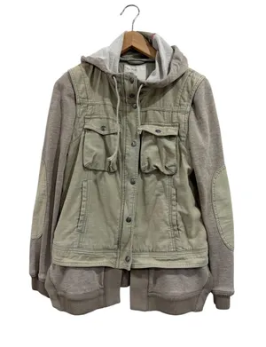 Free People 1970 Mixed Media Utility Jacket Green Hooded Elbow Patches Small thumbnail 1