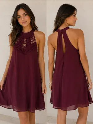 Women's Crochet Yoke Halter Dress - Burgundy thumbnail 2