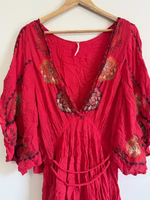Free People Cora Embroidered Mini Dress Size Large Red Floral Boho Beach thumbnail 4