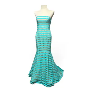 Sherri Hill Strapless Striped Mermaid Gown Turquoise Aqua Blue Sheer 6 thumbnail 3