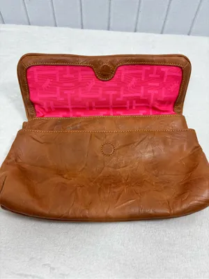 Elaine Turner Tan Brown Leather Clutch with Bamboo Accent thumbnail 2