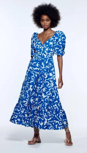 Zara Womens XS Printed Pop Puff Sleeve Maxi Dress •Surplice Neckthe tag is off thumbnail 10
