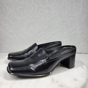 VTG Bass Artist Mules Womens 6 Black Leather Slip On Square Toe Block Heel 2003 thumbnail 4