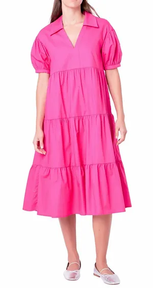 English Factory Hot Pink Puff Sleeve Collared Midi Dress Medium thumbnail 1