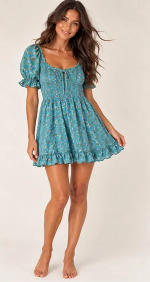 AUW Floral Smocked Mini Dress Boho Romantic Cottagecore Coquette Babydoll Picnic thumbnail 1