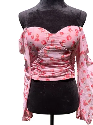 Fore Pink‎ Floral Mesh Ruched Bustier Crop Top Long Sleeve Square Neck Size L thumbnail 4