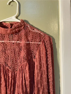 Hazel Women’s Size Small Blouse Long Sleeve Mock Neck Crochet Swiss Dot Metallic thumbnail 5