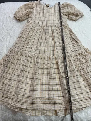 English Factory Plaid Puff Sleeve Tiered Midi Dress Small Neutral Cottagecore thumbnail 4