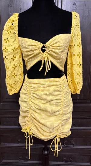 For Love Bell Lemons Picnic eyelet set gingham crop top puff sleeves w/ skirt -M. ***Refer to measurements. features a smocked bodice and ruffled straps. Super cute vacation mode. Lightweight. Measurements approximately 14” from armpit to armpit not fully stretched out. Skirt: 13” waste x 16” long. Non-smoking home. priced to sell at as is condition. Don’t like my price, make reasonable offer! And thank you for checking my closet. thumbnail 1