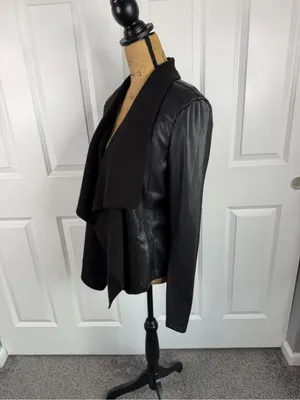 Bar III Black Draped Open Front Mixed Media Faux Leather Jacket Size L thumbnail 4