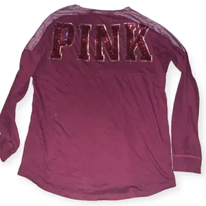 Victoria's Secret PINK Sequin Bling V-Neck Varsity Crew Tee Maroon Medium thumbnail 3