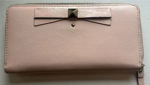 Kate Spade Bow Zip Around Wallet Blush Pink Hatched Leather Clutch Gold Tone thumbnail 1