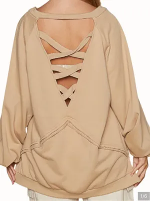 POL French terry pullover sweatshirt crisscross strappy open-back raw hem detail thumbnail 4