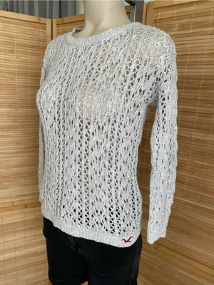 Hollister Co light gray open knit crotchet sweater top womans size small thumbnail 2