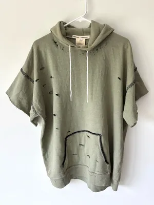 Free People x Tricia Fix Green Short-sleeve Hoodie Distressed Holes Black Stitch thumbnail 2