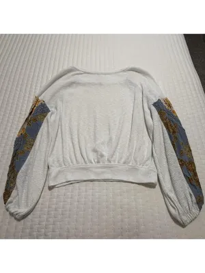 Free People M Medium White & Blue Shirt Top Floral Print Balloon Sleeves Boho thumbnail 8