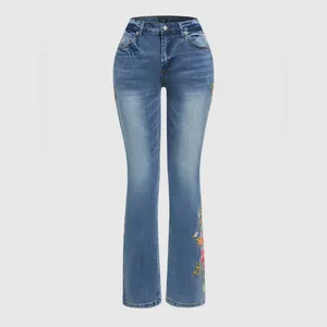 Flamingals Floral Embroidery Mid Waist High Stretch Bootcut Jeans with Pockets thumbnail 3