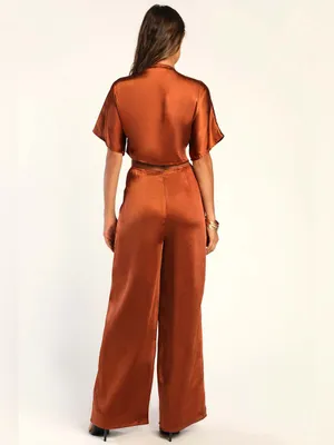 Lulus | Flirt For Fun Rust Brown Tie-Front Two-Piece Wide-Leg Jumpsuit, XS thumbnail 3