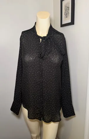 Banana Republic Size Small Women’s Black White Polka Dot Tie Neck Blouse Top thumbnail 1