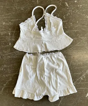 White Lace Trim Ruffle Lacing Lounge Set thumbnail 5