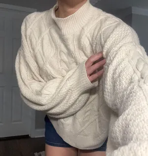 SheIn tan beige cable knit mock neck puff sleeve oversized sweater thumbnail 1