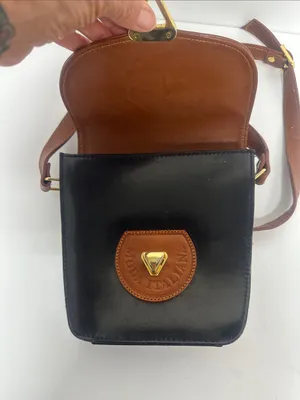 Vintage Moda Italiana Leather Brown Black Turnlock Crossbody Bag Handled Purse. thumbnail 2