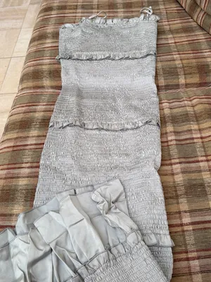 Mabel Smocked Ruffle Midi Dress in Gray thumbnail 2