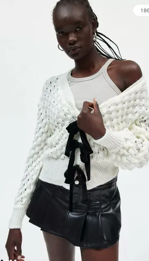 NWTKimchi Blue / Urban Outfitters Cream Open-Knit Sweater with Black Ribbon Ties thumbnail 1