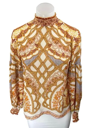 Bohme Multicolor Long Balloon Sleeve Smocked Floral Mock Neck Blouse Top Size XS thumbnail 1