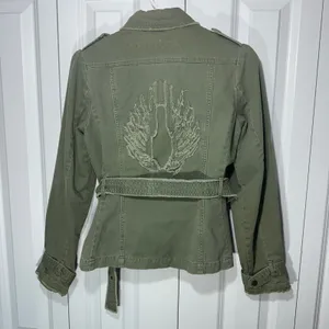 Free People Lux Military‎ Utility Jacket Womens S Green Belted Embroidered Wings thumbnail 5
